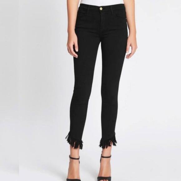 Frame Le High Skinny Shredded Hem Jeans in Noir Black - Picture 1 of 7